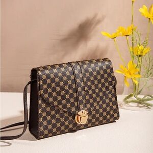 Brown and Tan Pu Leather Crossbody Bag with Checkered Pattern and Gold Clasp